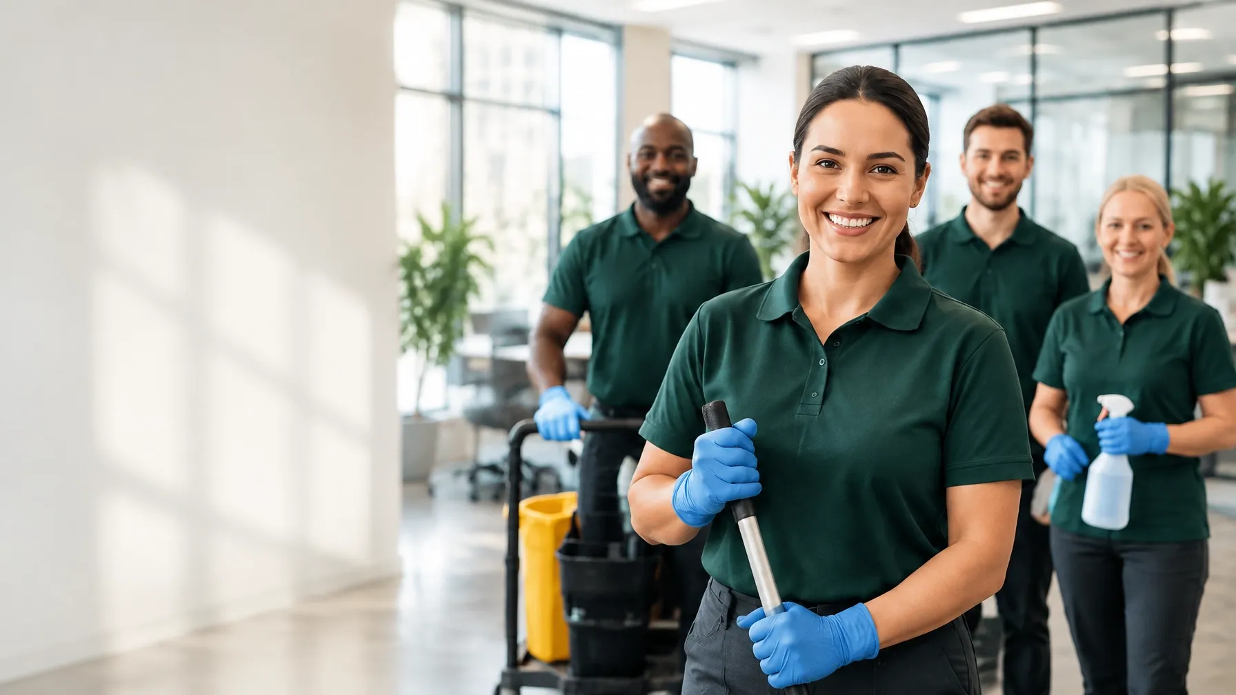 A friendly uniformed cleaning team in a bright, modern commercial office